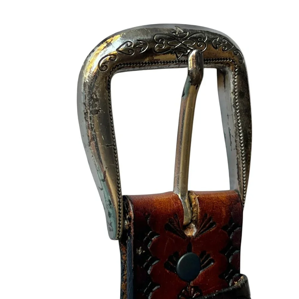Brighton Leather Belt Floral Embossed Patterns & Silver Tone Buckle 33